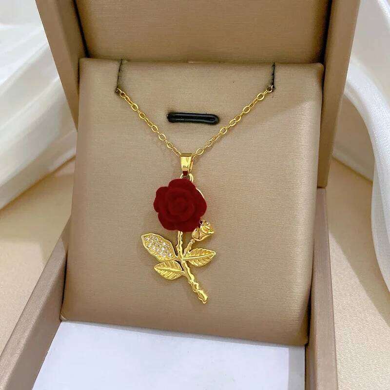 Fashion Red Rose Flower Pendant Necklace for Women Girls Stainless Steel Chain Party Accessories Vintage Y2K Jewelry Gifts H260312