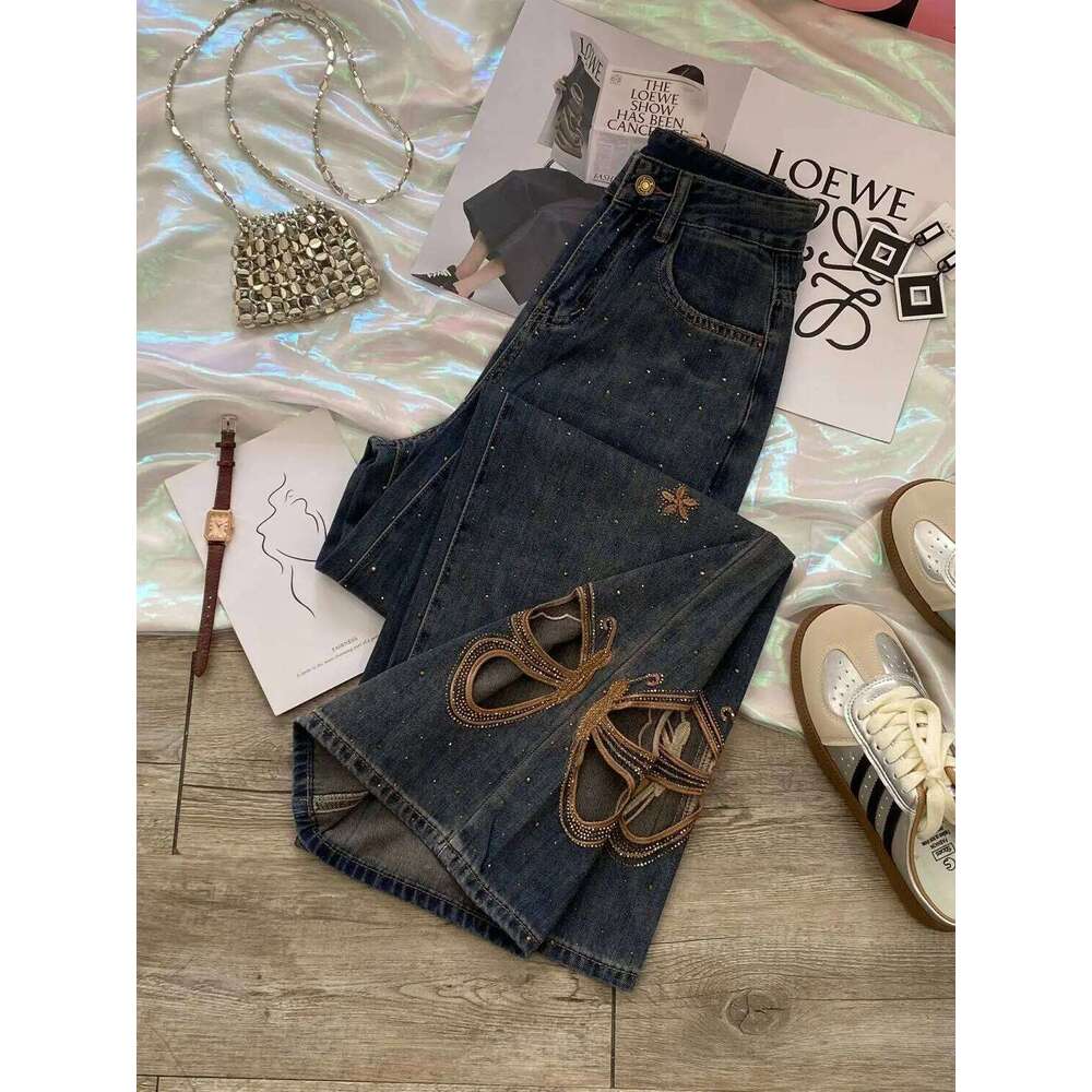 Butterfly Rhinestone Jeans Women Y2K Summer High Waist Wide Leg Straight Pants Distressed Hollow Out Loose Fit Denim Trousers Z260313
