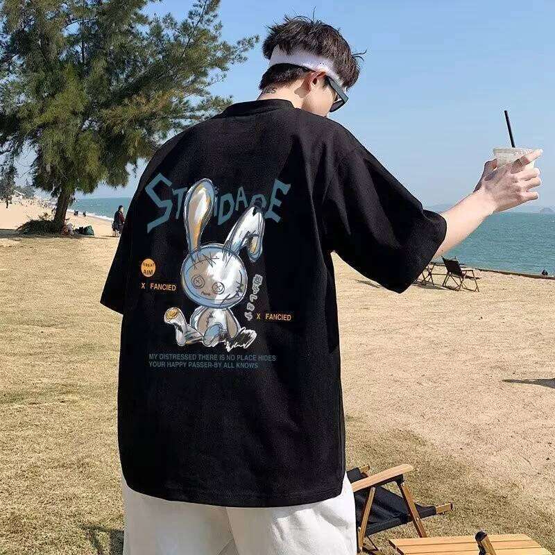 8XL Men Oversize Korean Fashion Loose American Love Puppet Rabbit Print Short Sleeve Round Neck Versatile Trend Couple outfit Z260314