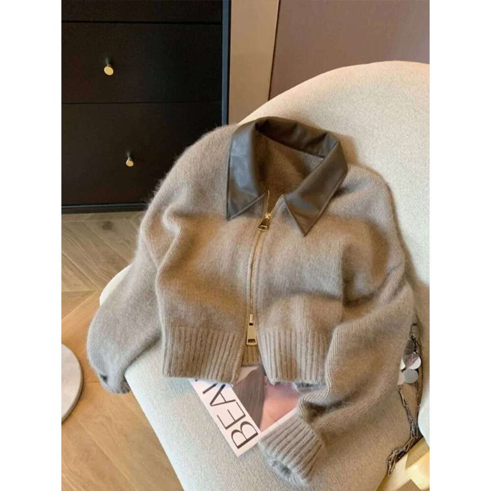 Women Leather Collar Patchwork Double Zipper Knit Graceful Fit Temperament Outer Wear Lapel Knitted Cardigan Jacket Z260313