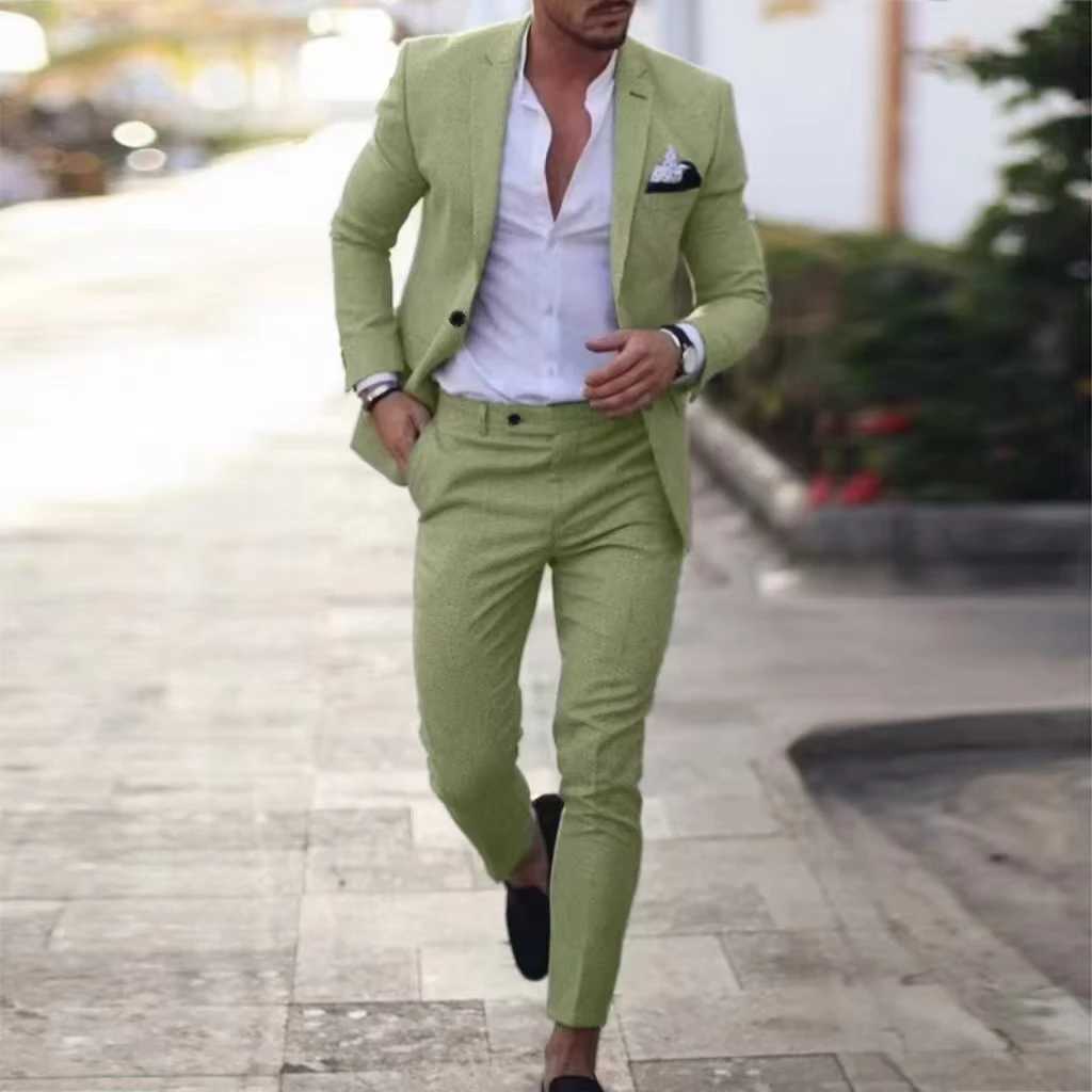 Linen Two-piece Set Tuxedo Suits for Men Notched Lapel Mens Casual Fitted Linen Suit Elegant Party Dresses Summer Beach M260313