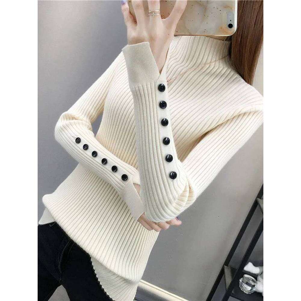 New Semi Turtleneck Women's Sweaters Pullover Korean Slim Warm Basic Knitwear Fall Brown Black Sweater Female Button S-Xl Z260313