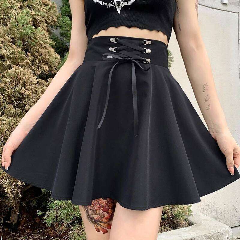 FICHOR Women's Black Checkered Gothic Skirt Pleated Mini Hip Hop Punk Style for Spring Autumn Clubwear Z260314