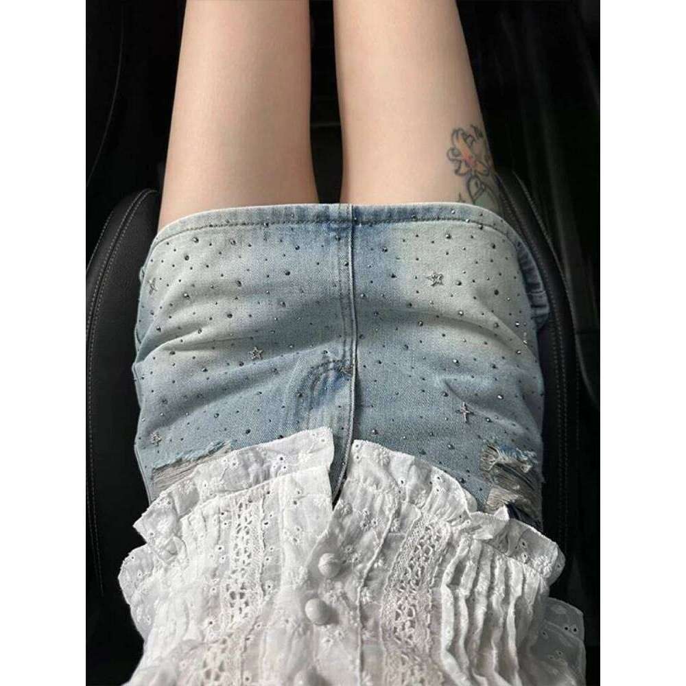Vintage Denim Starry Skirts Women Mini Rhinestone A-line Korean Style Hot Spicy Girls Summer Streetwear Stylish 4XL Chic Z260314
