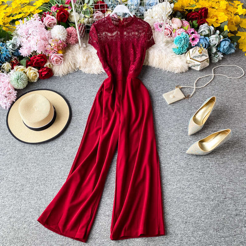Fashionable and sexy women's 2026 summer a24 series lace patchwork waist cinching slimming high waist straight leg long jumpsuit