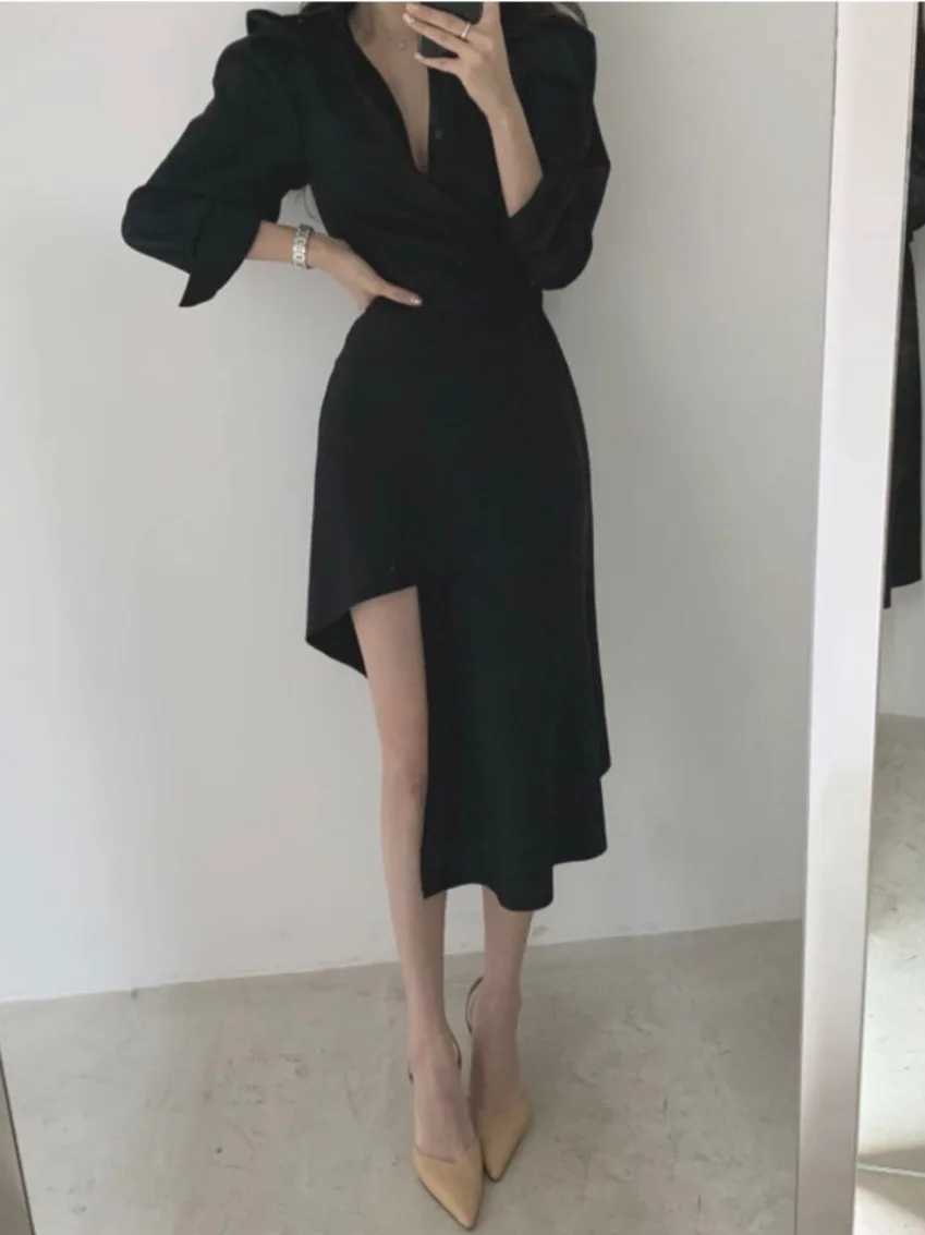 Chic Early Autumn irt Dr Womens Single Button Waist Cinched Midi Asymmetrical Collar Busin Casual Sle DrT260314