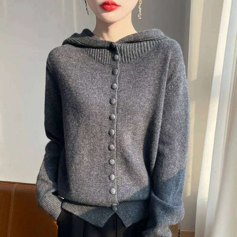 100% Merino Wool Sweater Korean Fashion Coat Solid Color Top 2025 Spring/Autumn/Winter Women Hooded Cardigan Z260313