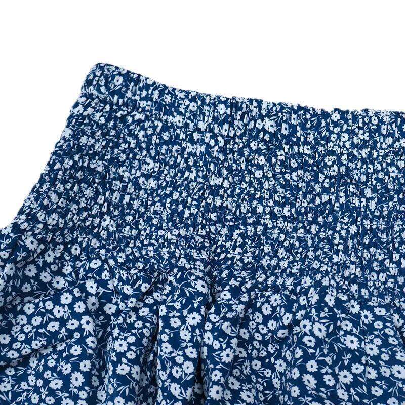 Blue Half Length Pleated Mini Skirt Ruffled Edge Printed Fashionable Floral High Waist Short Skirts For Women Bohemian Z260314