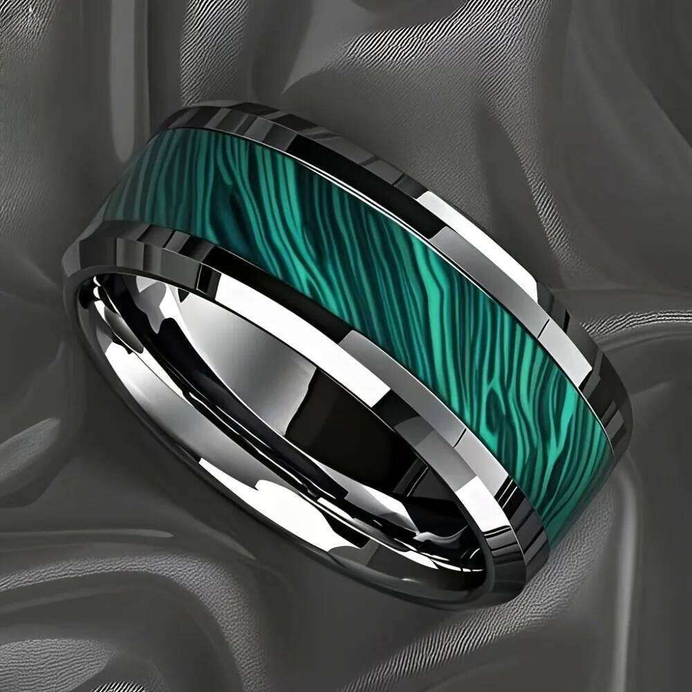 Wholesale 8MM Imitation of Peacock Stone Inlay Men's Stainless Rings Silver Color Wedding Band Jewelry for Men Steel Ring H260312