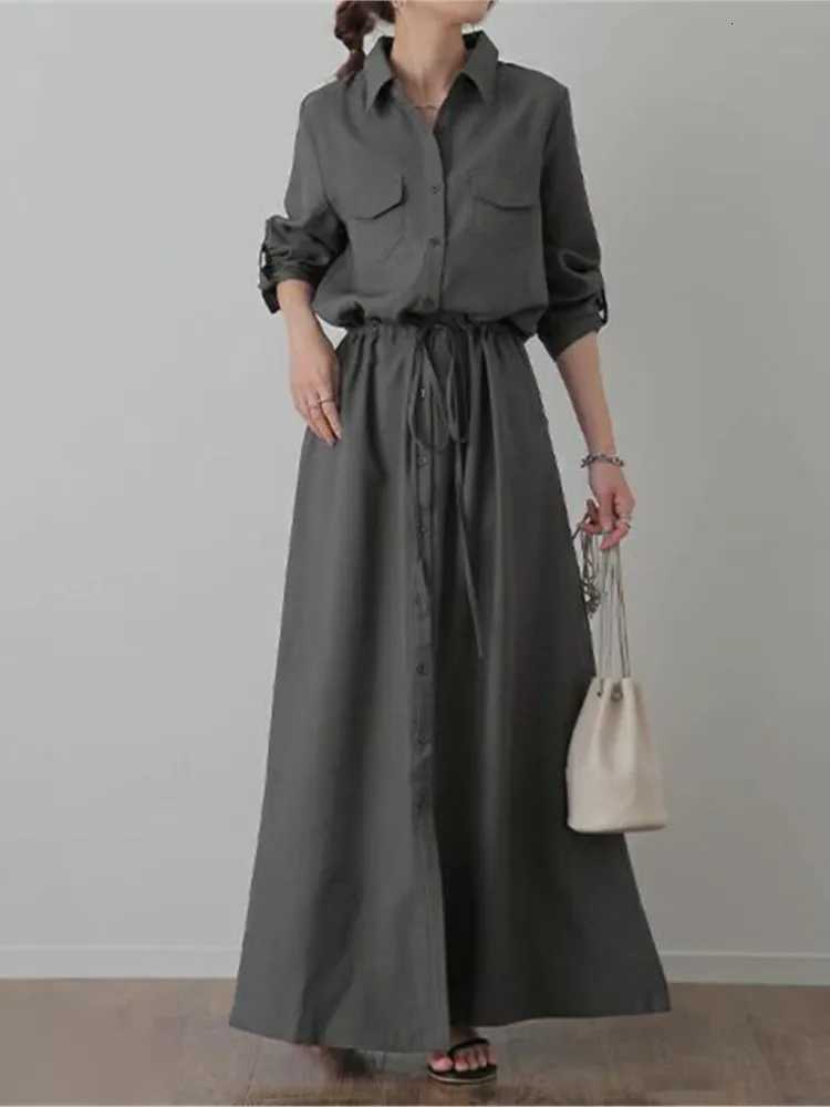 Solid Color Shirts Long Dresses Women Fashion Casual Lapel Long Sleeve Drawstring Elastic Waist Dress Female Commuting ClothingT260314