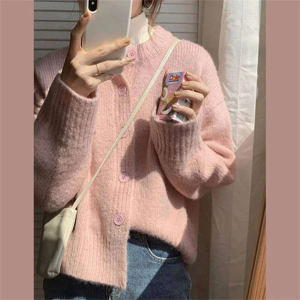 Korean Sweet O-neck Cardigan Women Autumn Winter Single Breasted Long Sleeve Warm Outwear Vintage Knitted Sweater Z260313