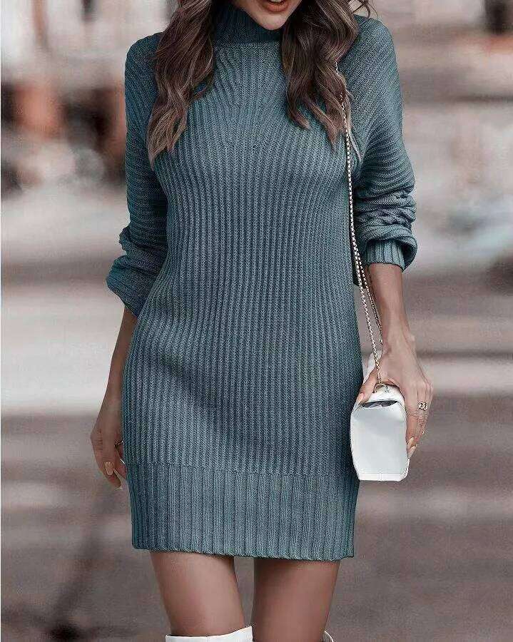 Pullover For Women Long Sleeve Turtleneck Ribbed Knit Bodycon Short Dress 2025 Fall Winter Tight Sweater Dresses Z260314