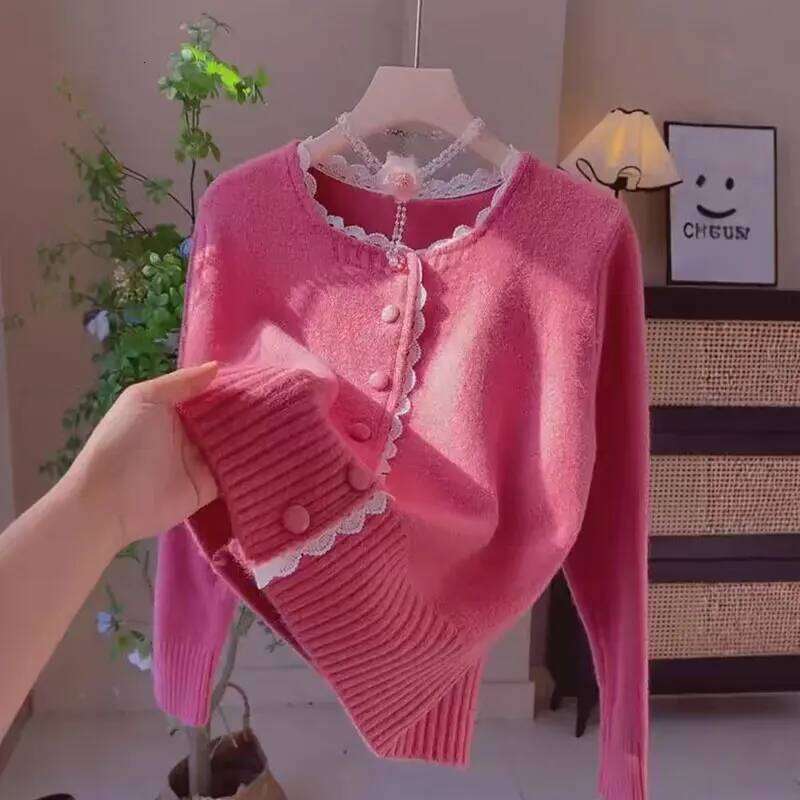 Spring Autumn Splicing Lace Design Sweater For Women New Korean Loose Slim Single Breasted Style Knitted Cardigan Top Z260313