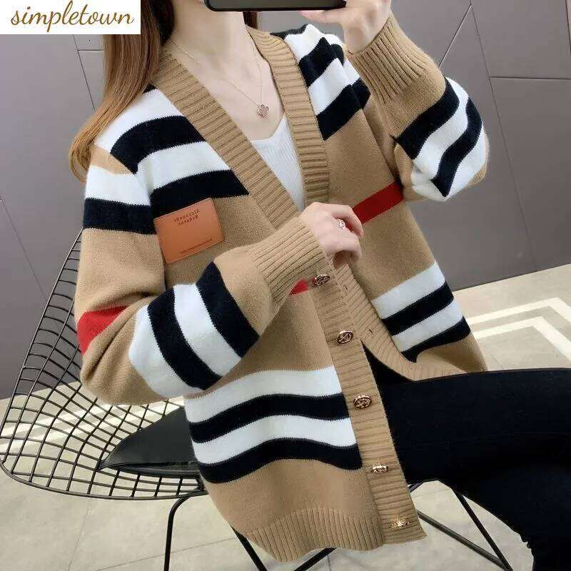 Striped Knitted Cardigan Jacket for Women's Spring Autumn New Vintage Loose and Gentle Sweater Korean Version Lazy Style Jac Z260313