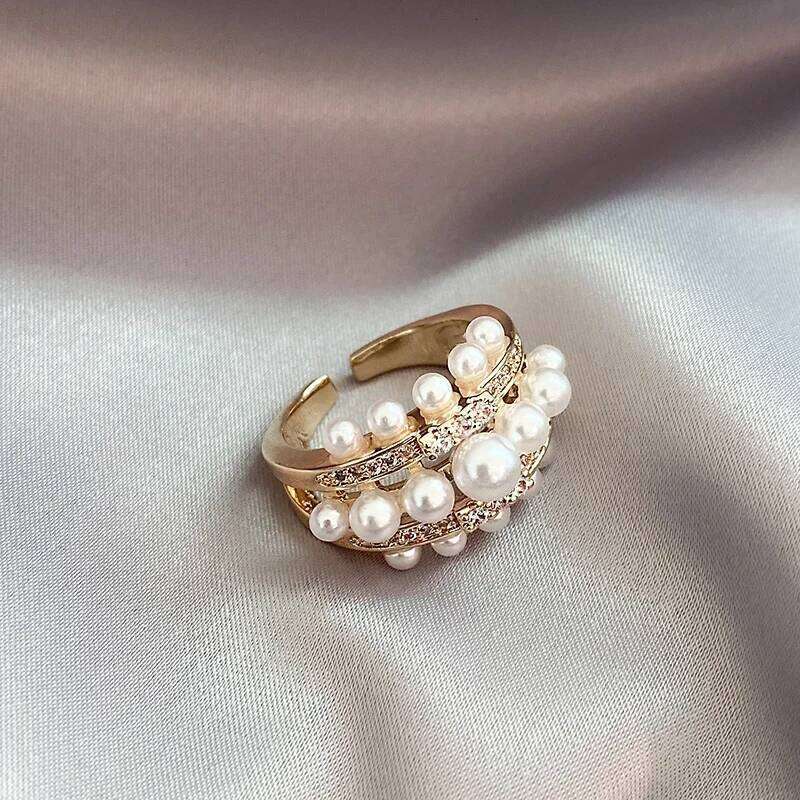 2025 New Exquisite Pearl Zircon Gold Color Open Rings Wedding Party Women's Fashion Jewelry Finger Accessories for Girls H260312