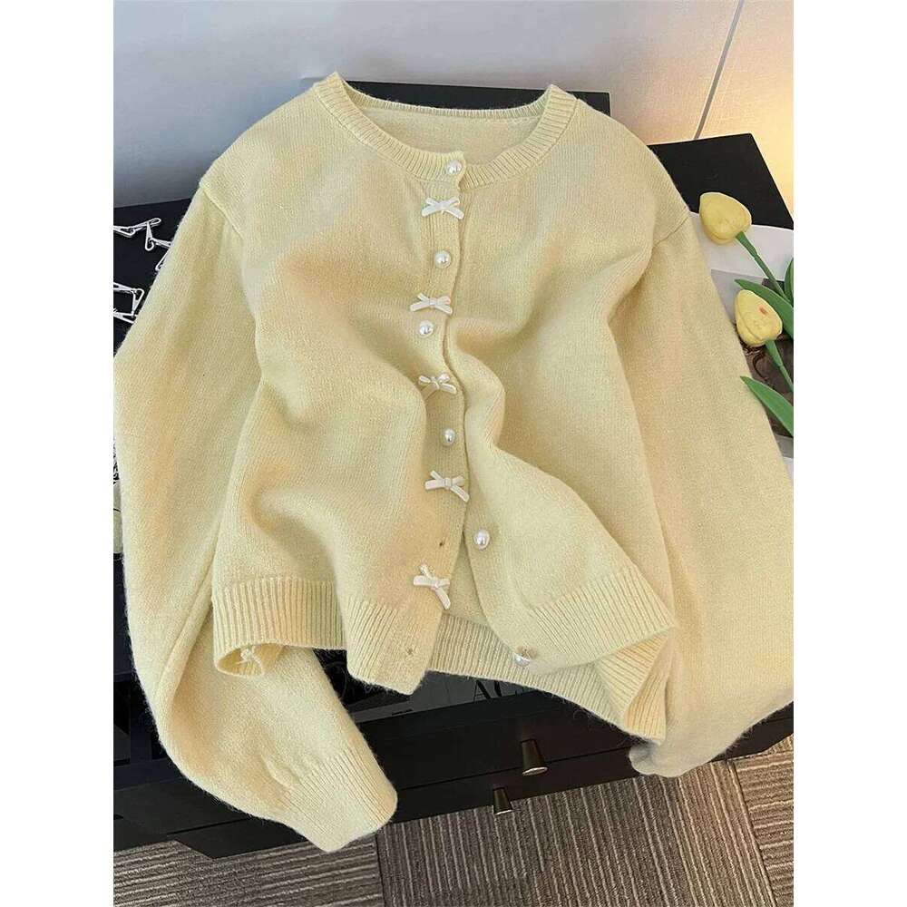Sweet Knitted Cardigans Women Bow Design Gentle Casual Pearl Button Outwear Autumn Winter Japanese Style Aesthetic Soft Girls Z260314