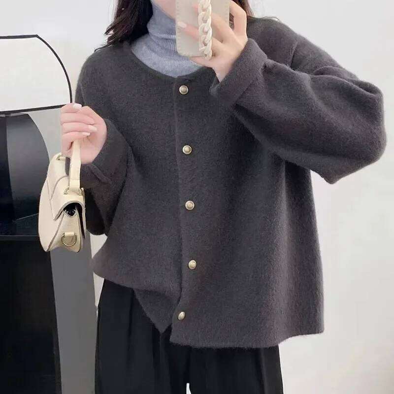 Solid Color Simple O-Neck Knitted Jackets Women Korean All-Match Long Sleeves Cardigans Autumn Winter Single-Breasted Sweater Z260314