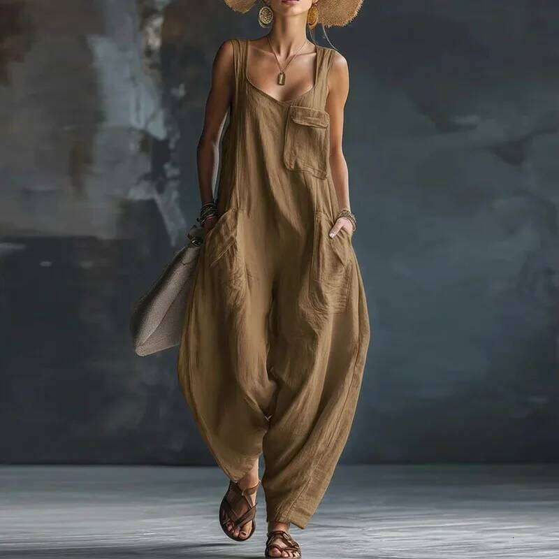 Spring Retro Solid Baggy Trousers Woman Jumpsuit Elegant Square Collar Strap Romper Summer Sleeveless Pocket Streetwear Overalls