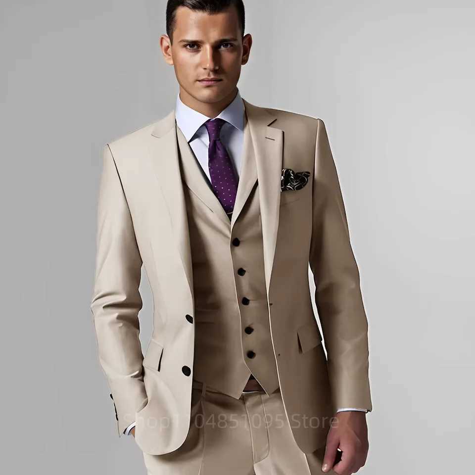 Mens Formal Terno with Notched Lapel Celebrity 3-Piece Suit Two-Button Blazer Vest Pants Set M260313
