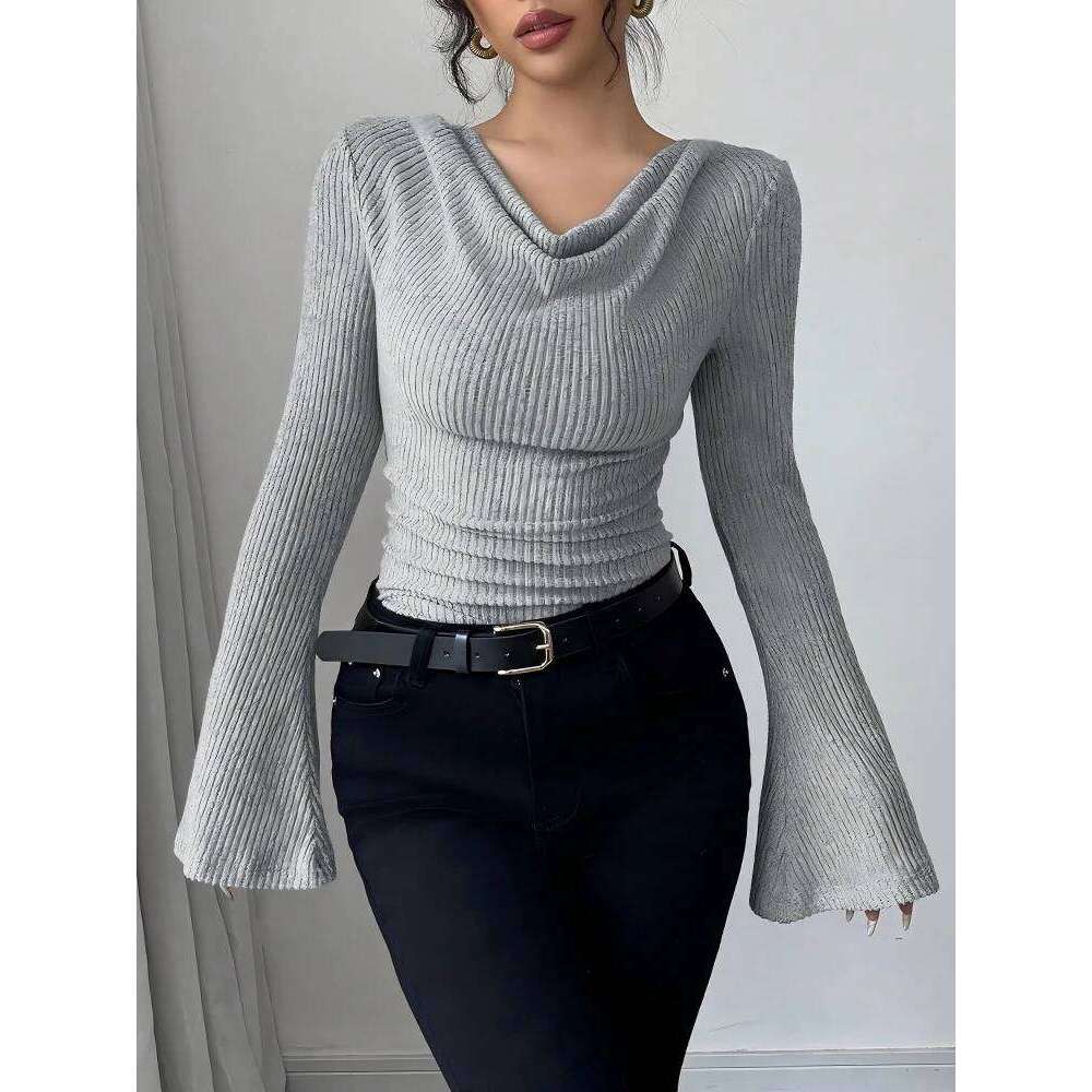 2025 autumn and winter women's pit stripe base shirt, off shoulder slim fit knitted long sleeved top, hot selling commuting styl Z260313