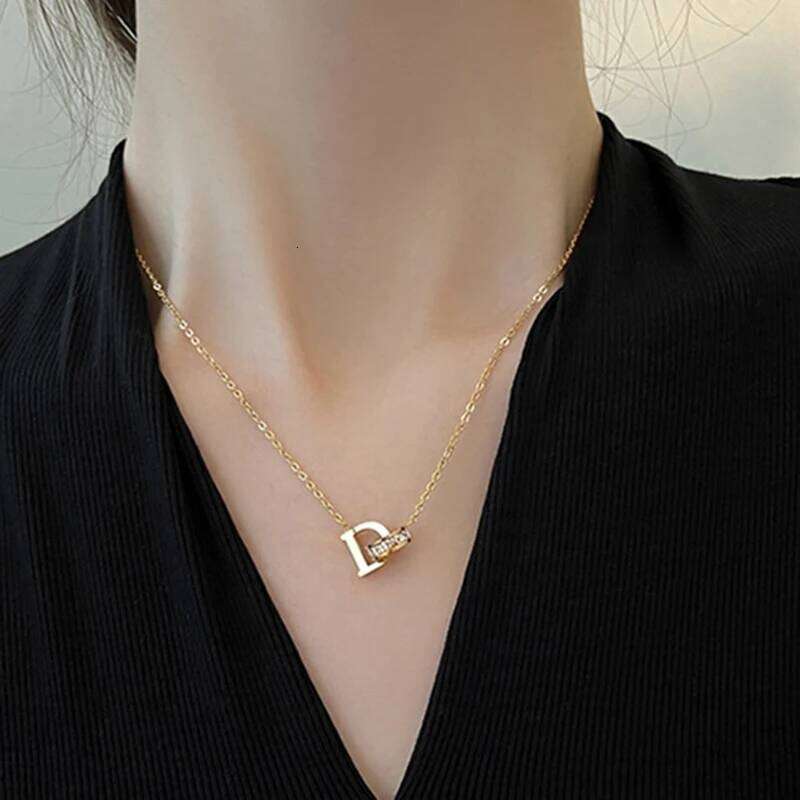 Personality Crystal Circle Stainless Steel Necklace Female Pendant Gold Color Letter D Choker Necklaces For Women Jewelry H260312