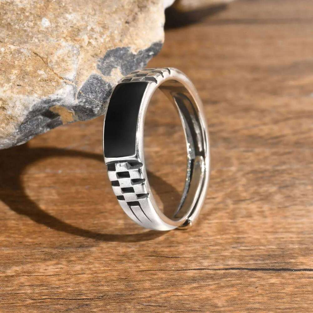 Black Rectangle Men Boys,Classic Square Metal Ring Chessboard Ring,Casual Gifts for Him H260312