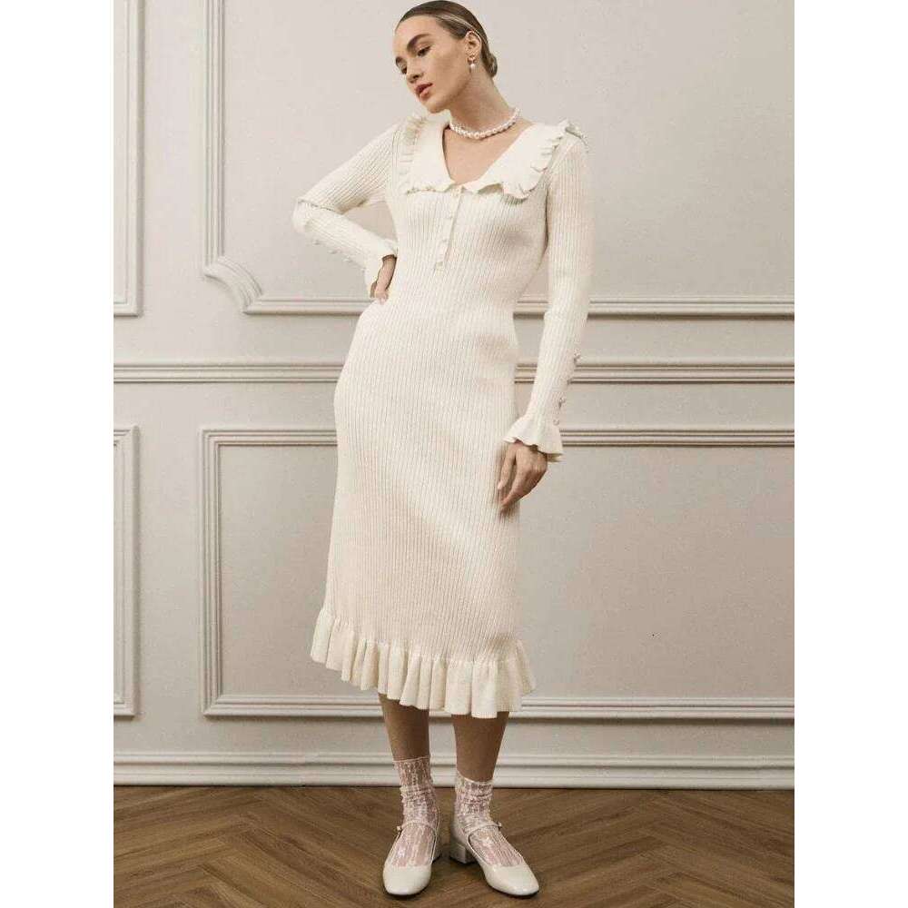 Trendix Ruffle Knit High Waist For Women Autumn Winter Elegant Slim Long Dresses Street Vintage Evening Knitted Maxi Dress Z260313