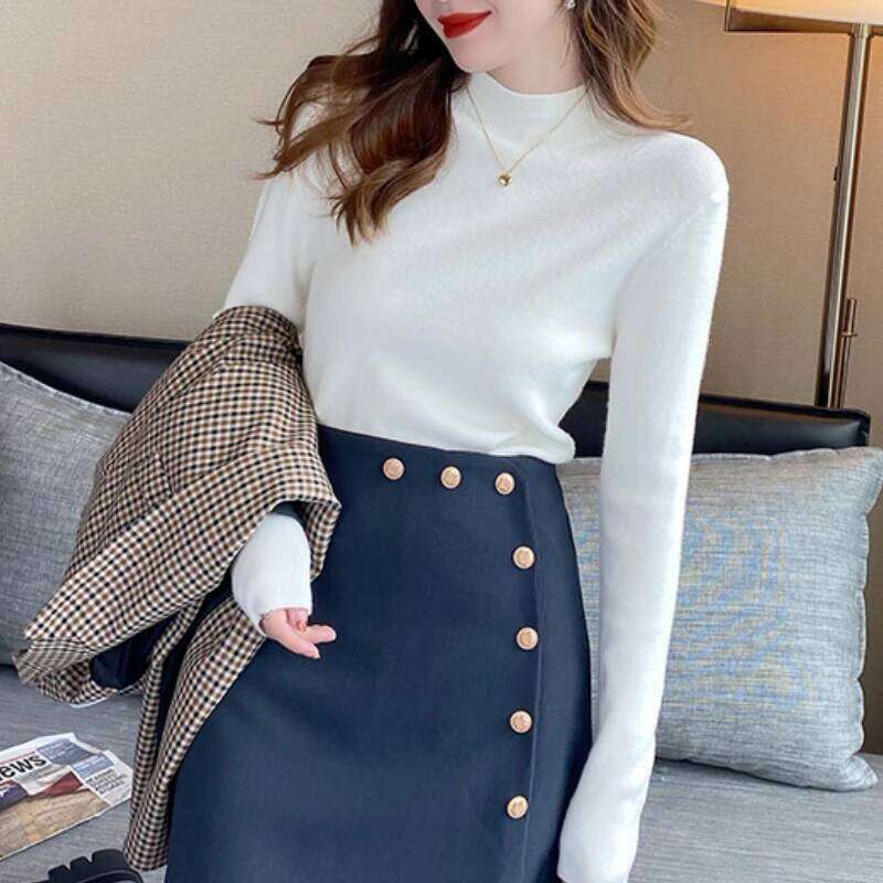 Autumn Winter Women Mock neck Sweaters Pullover Tops Knitwear Fashion Female Long Sleeve Skinny Elastic Casual Knitted Shirts Z260313