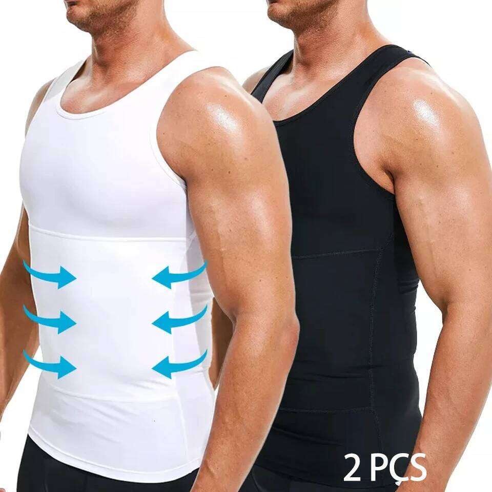 2PCS Men's Slimming Shirts High Compression Tummy Control Round Neck Body Shaper Top 26Y0313