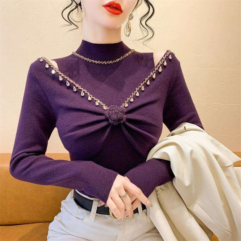 2025 New European Clothes Knitted Sweater Women Chic Sexy Hollow Out Beading Flower Knitwear Long Sleeve Pullovers Z260313
