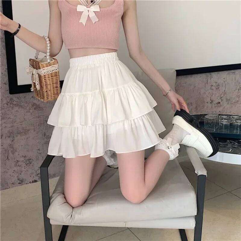 White Ruffles Mini Women Kawaii Elastic Waist A-line Loose Preppy Style Cute Short Pleated Skirt Korean Fashion Z260314