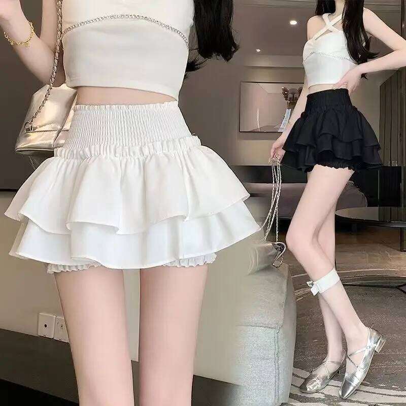 Princess Kawaii Sweet Mini Elastic High Waist Ballet-Style Tiered New White Casual Matching Girl's Short Cake Skirt Z260314