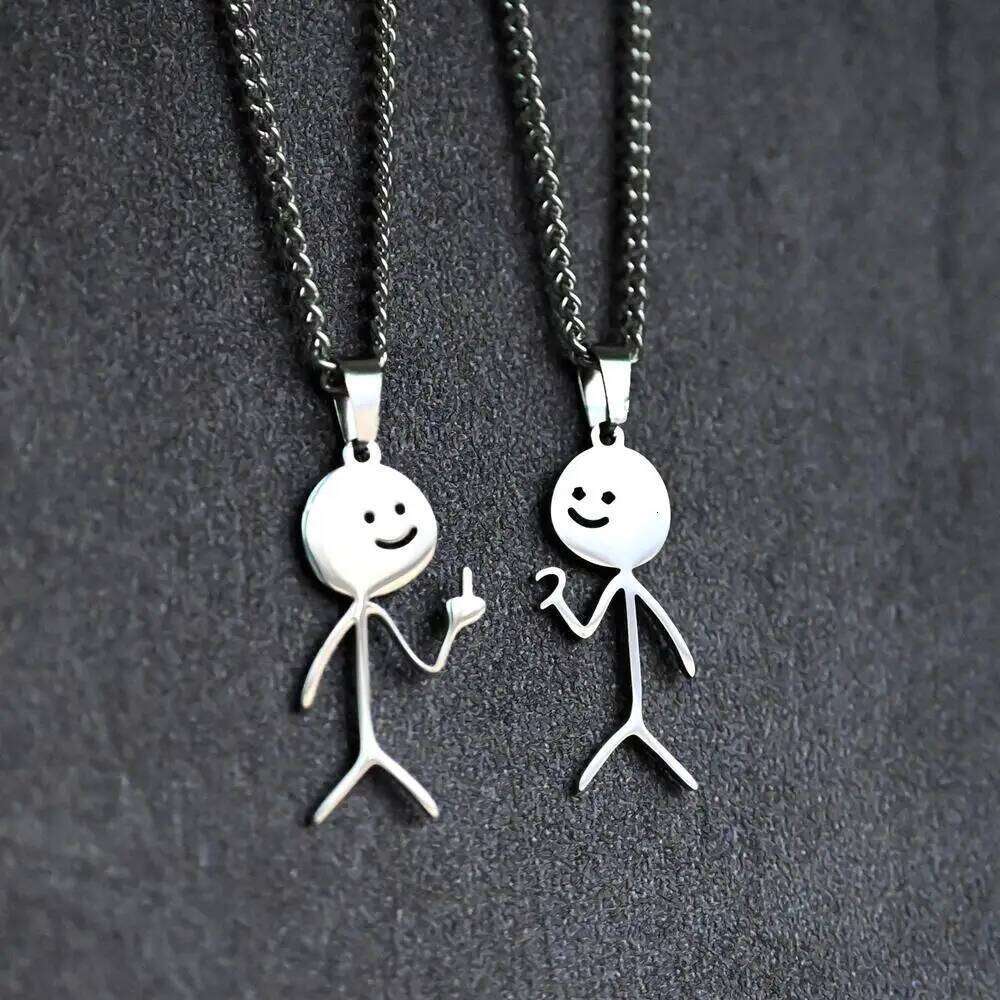 2025 Funny Middle Finger Stickman Necklace For Women Men Trend Titanium Steel Heart Pendant Chain Jewelry Couple Party Gift H260312