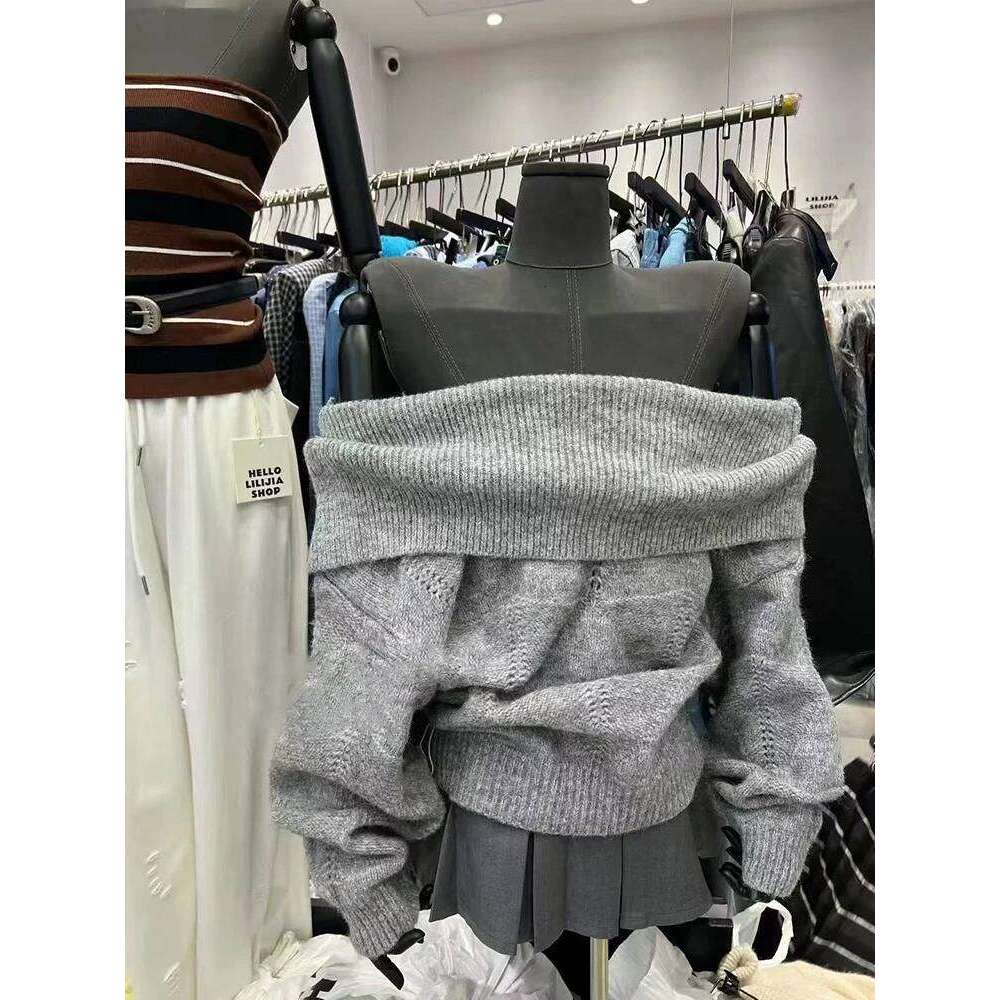 Fashion Slash Neck Knit Sweater Korean Loose Lazy Style Off Shoulder Knitwear Y2K Solid All Match Long Sleeve Female Jumpers Z260314