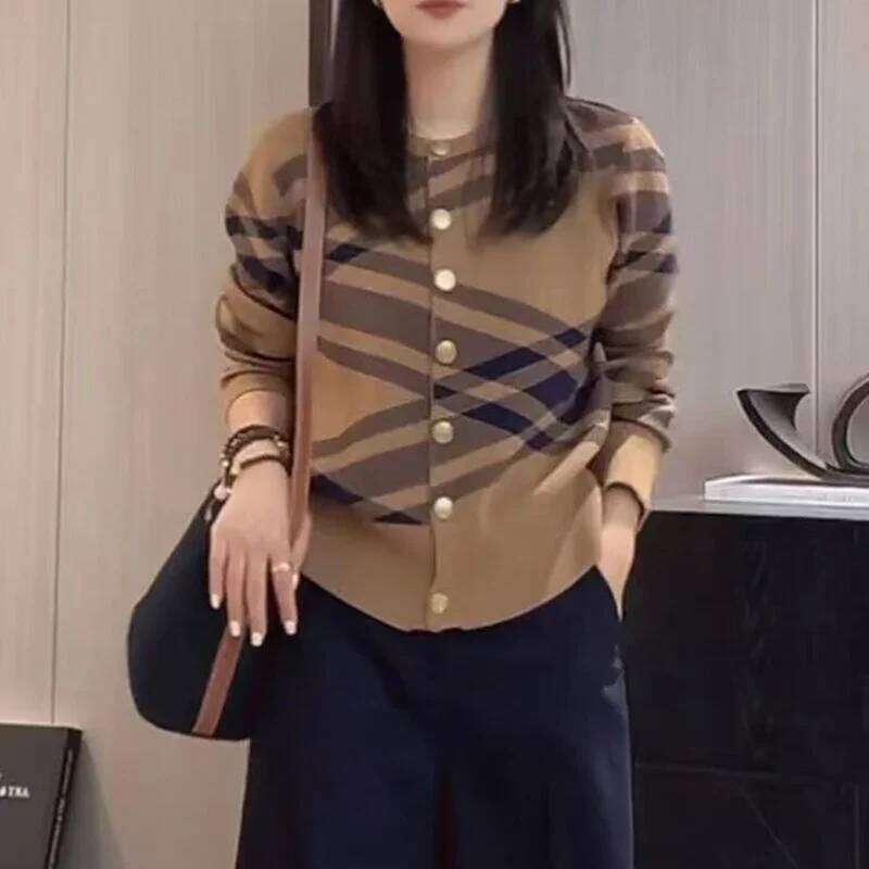 Ladies Vintage Knitting Cardigan Coat 2024 Autumn New Korean O-neck Top Tee Women Clothing Fashion Geometric Buttons Sweater Z260313