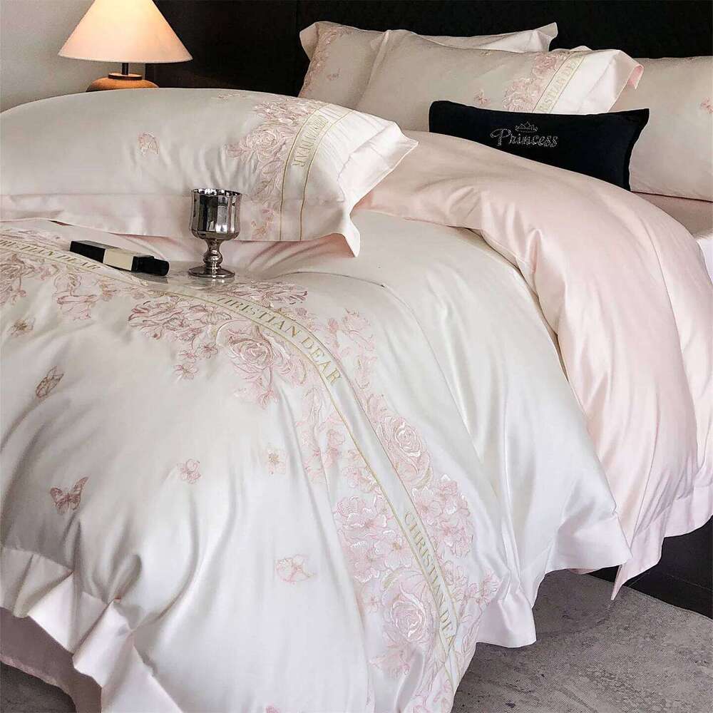 Pink Egyptian Cotton Flowers Embroidery Bedding Set Duvet Bedspread Sheet Pillowcases Mattress Cover King Queen Size H260312 - view 4