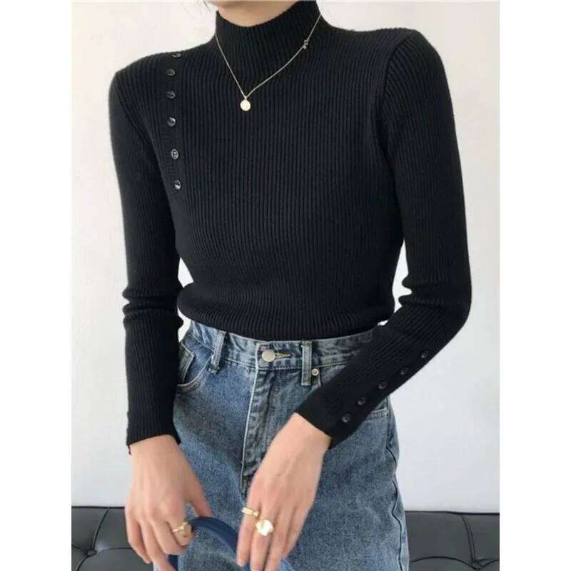 Women Knitted Sweater Long Sleeve Button Turtleneck Slim Pullovers for Autumn Winter Female Sweaters Soft Warm Bottoming Tops Z260314