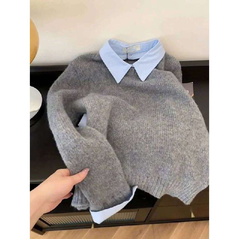 Fake Two Pieces Shirts Collar Sweater Women's Autumn/Winter New Soft Knit Pullover Fashion Dark Grey Warm Top Loose Sweaters Z260313