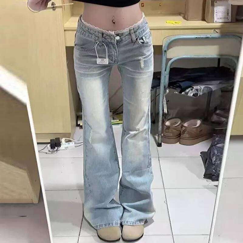 Light Wash Flared Jeans Women Plus Size Lace Low Rise Floor Length Slim Fit Bell Bottom Pants Trendy Design for Curvy Ladies Z260313
