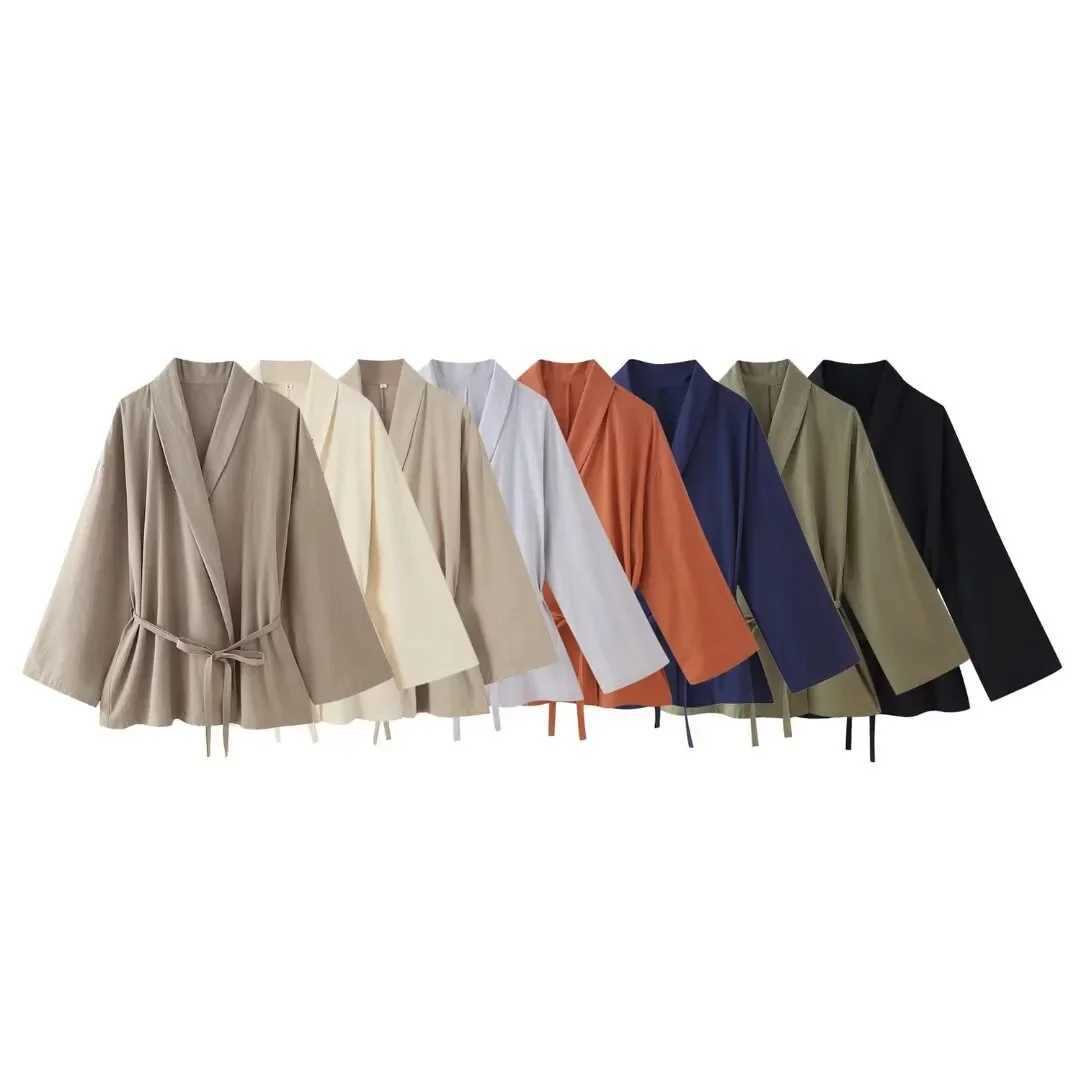 PRINTKAOIR Womens Kimono Style Solid Suit Long Sleeve 2-Piece Set with Deep V Lapel And Pants Casual Outerwear for Fall 2025 M260313