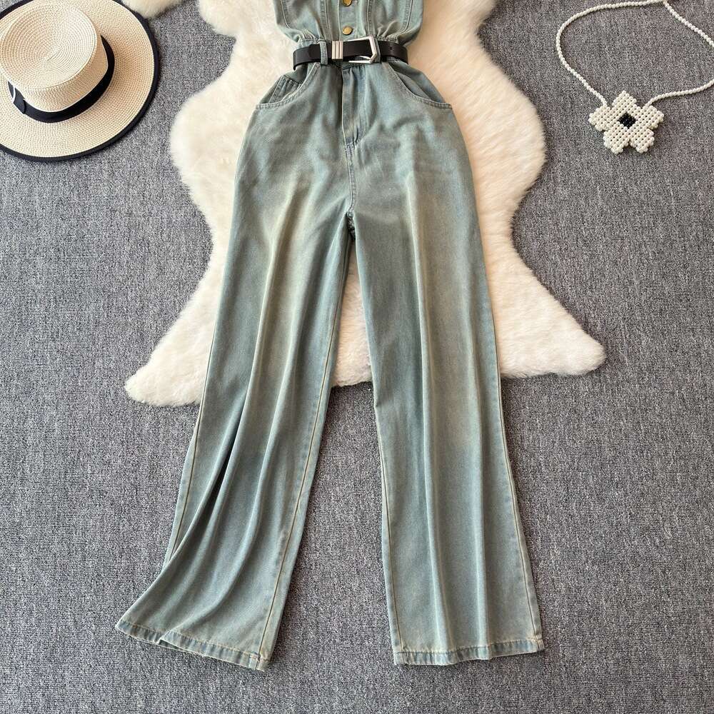 2026 summer high-end exquisite blue denim jumpsuit women's wide leg pants French retro chic