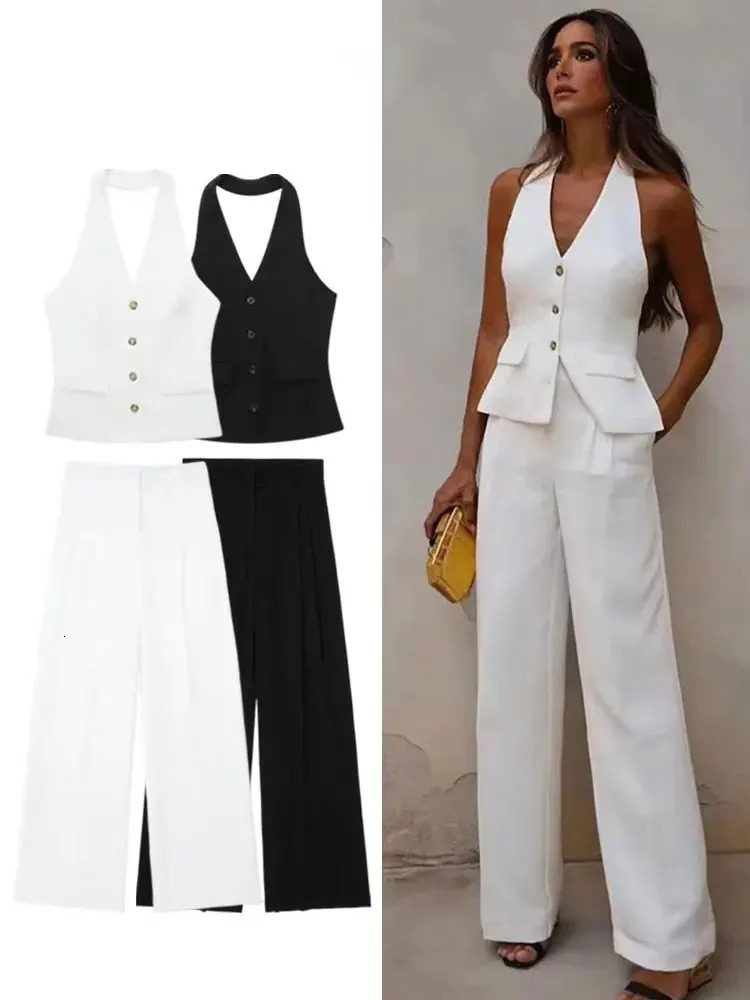 HH Women Fashion Solid Pant Suit Halter Single Breasted Sleeveless Blazer Vest Top Zipper Fly Trousers Office Lady Sets 260309