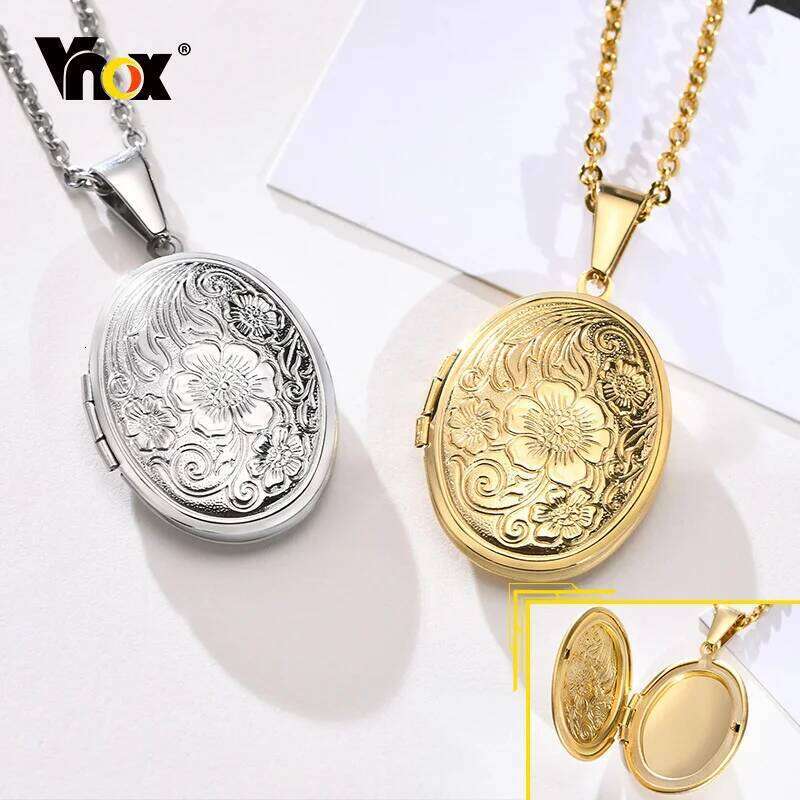 Vnox Monogram Floral Oval Heart Locket Pendant Necklaces for Women Men, Stainless Steel Photo Frame Promise Keepsake Collar H260312