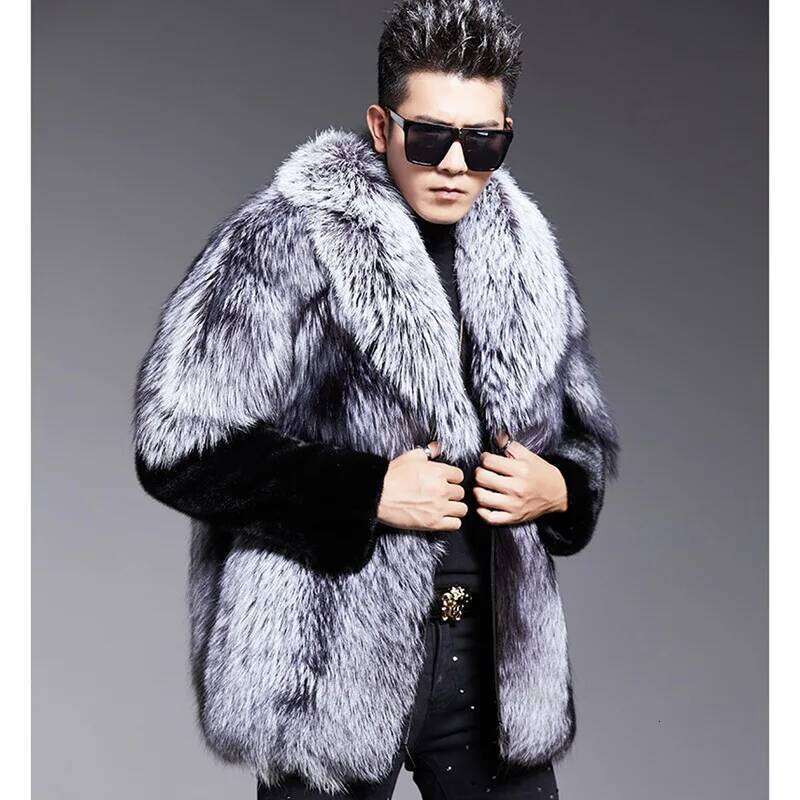 Thick Jacket Winter Fox Coats Men Faux Fur Outerwear Turn Down Collar Long Sleeve Cardigan 2025 Spliced High Street Z260313