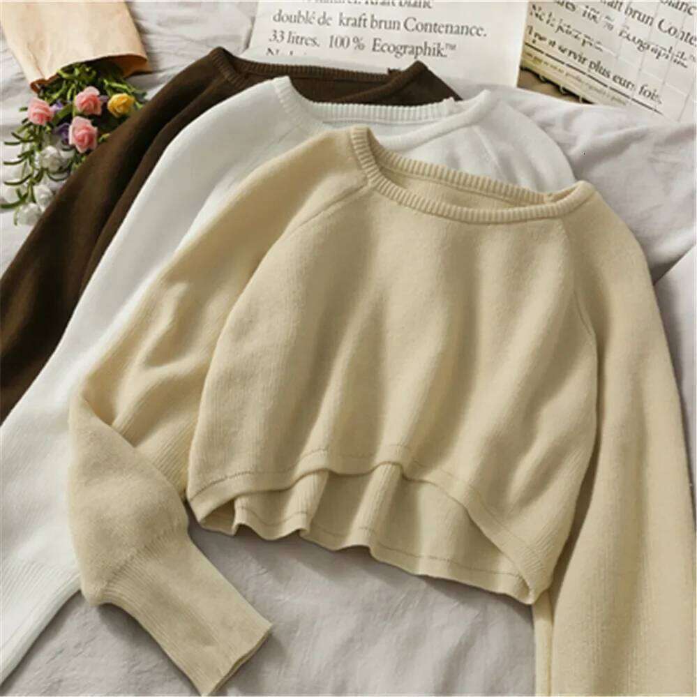 2024 Fashion Students All-match Knitwear Soft Korean New Pullovers Women O-neck Cropped Tops Autumn Winter Casual Loose Sweater Z260314