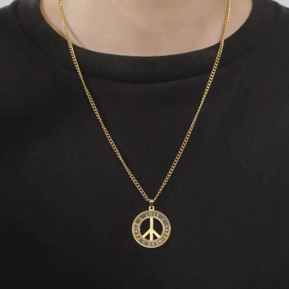 My Shape Round Peace Sign Symbol Pendant Necklace Stainless Steel Charm Choker Wax Cord Link Chain for Women Men Jewelry Gifts H260312