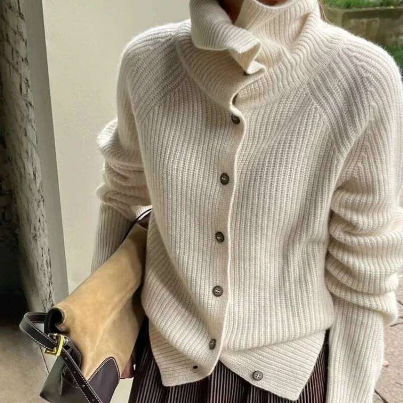 Women'S Stand Collar Cardigan Sweater Elegant Vintage Ribbed Long Sleeves Knitted Jumper Single Breasted Clothes Autumn Winter Z260313