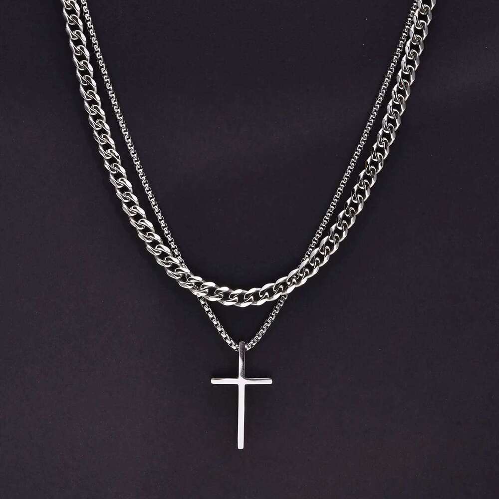 Vnox Mens Necklaces, Stainless Steel Layered Plain Cross Pendant, Rope Box Chain Necklace, Simple Prayer Jesus Collar H260312