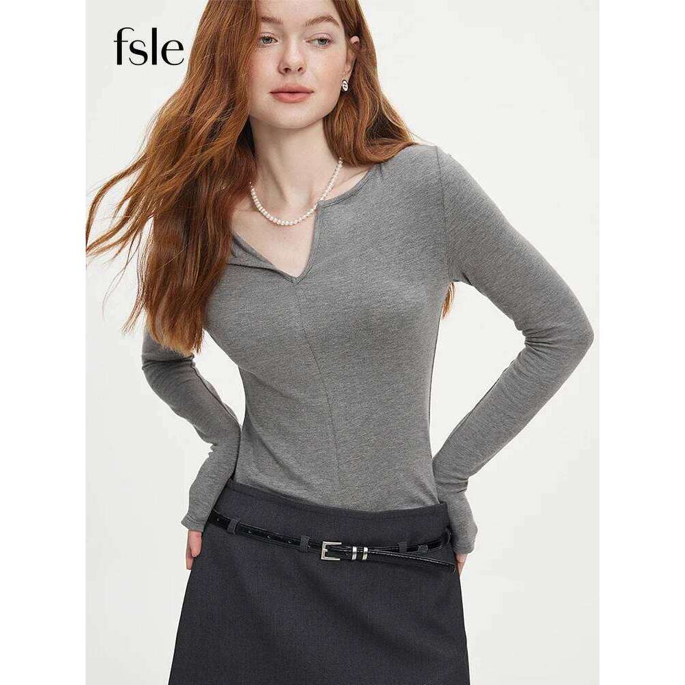 FSLE Autumn Knit Top 2025 New Casual Long Sleeve Sweater For Women V-Neck Slim Cotton Grey Pullover Beige Chi Topc Z260314