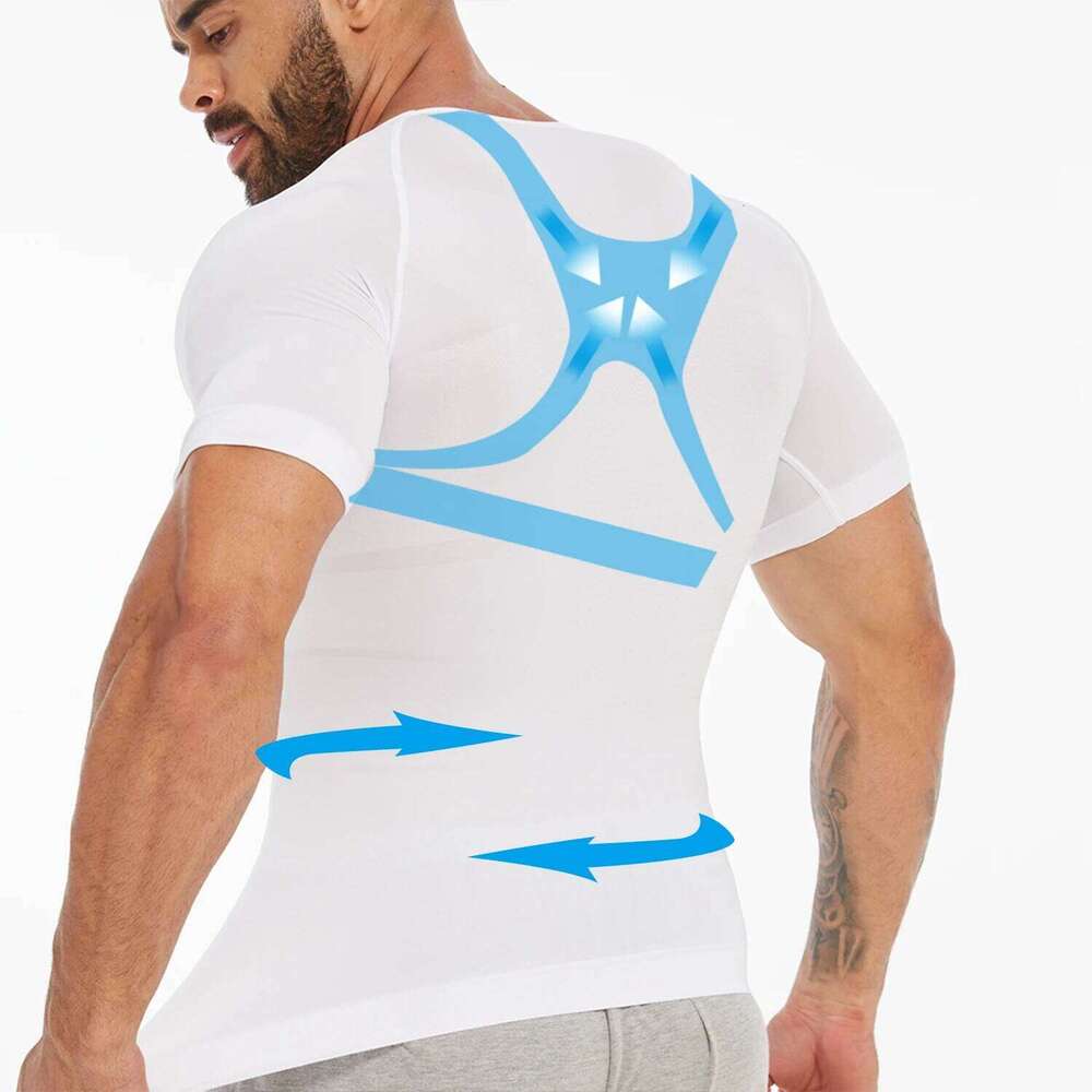 Men's Short Sleeve Compression T-Shirt V-neck Shapewear Tummy Control Flat Belly Tank Top Fitness Workout Slimming Body Shaper 26Y0313